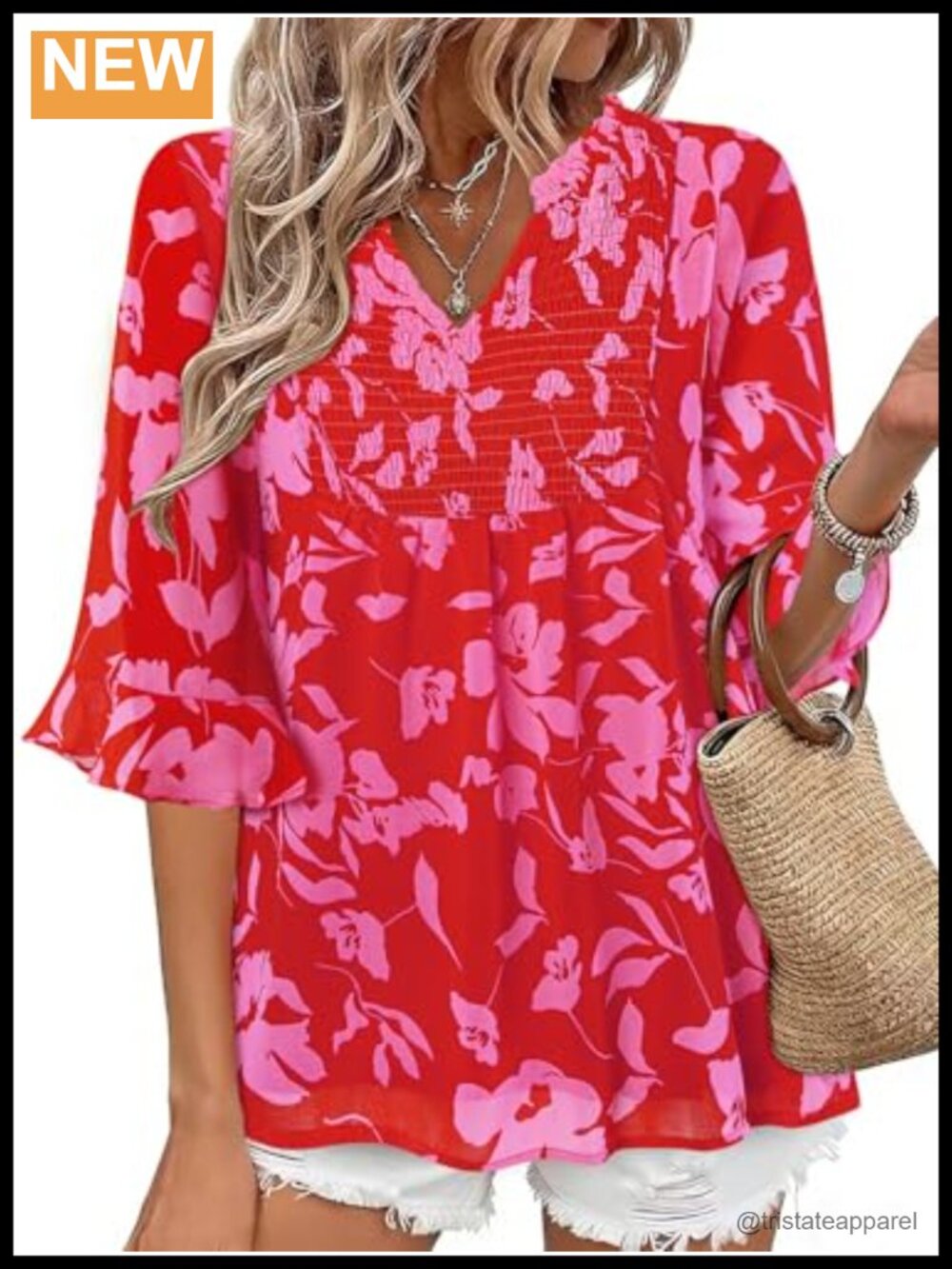 Chiffon V-Neck Blouse Floral Ruffle Sleeve Tunic Top